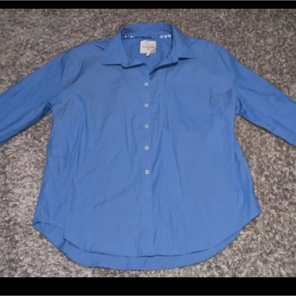 Casa Cabana Womens XL Button Up Shirt Blue Cotton Spandex Long Sleeve Top